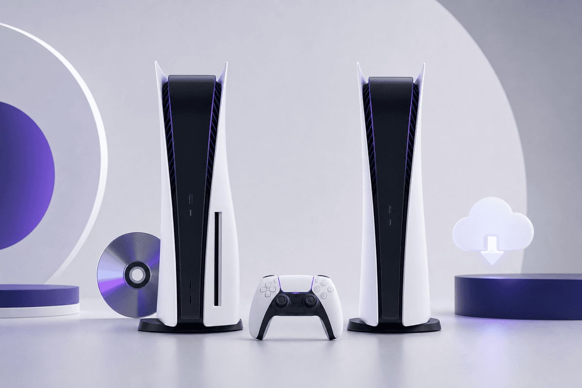PlayStation 5 Slim Digital Edition и версия PS5 с дисководом рядом