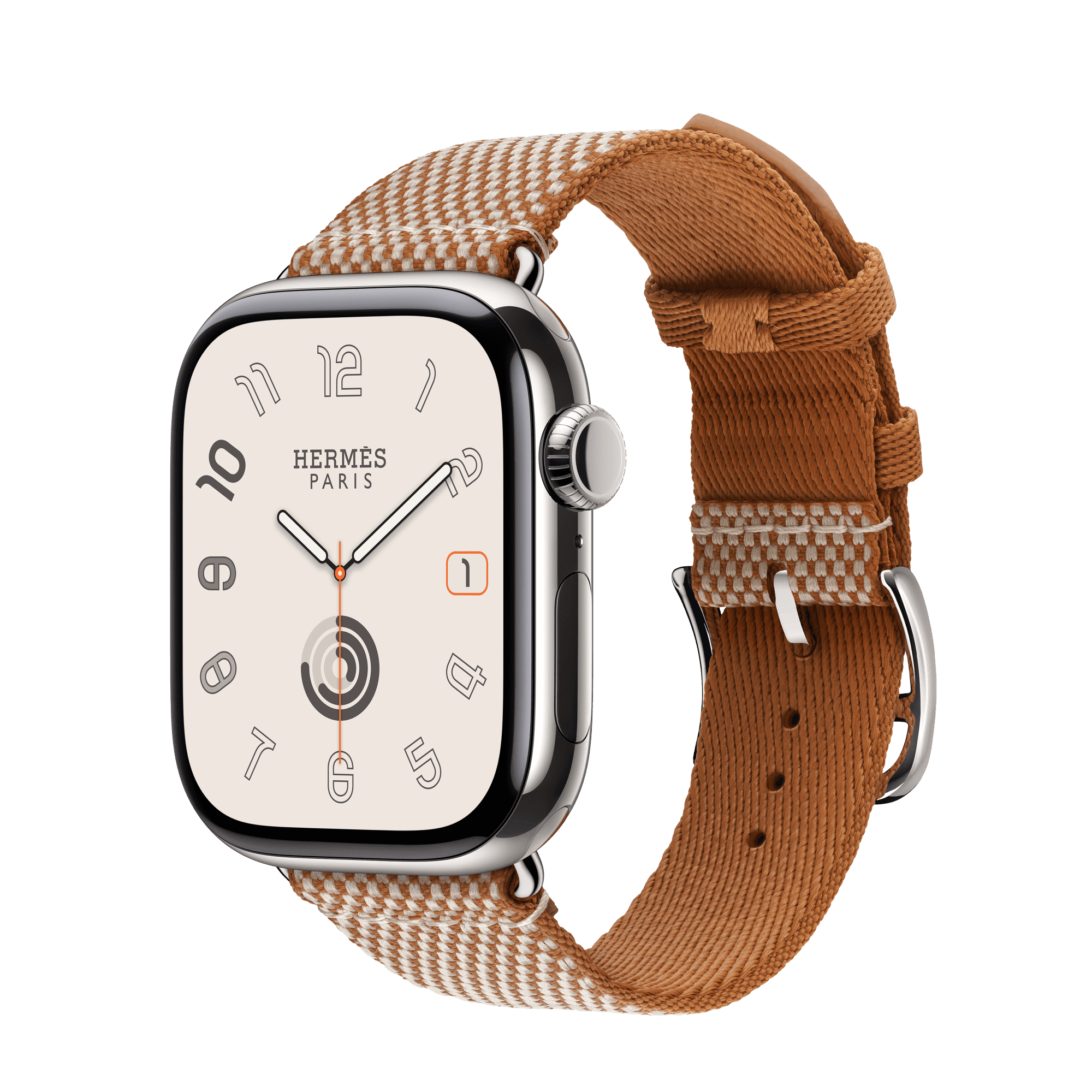 Умные часы Apple Watch Hermès Series 11 42 мм GPS + Cellular — цвет: серебристый, ремешок Hermès Toile H Single Tour, золотистый / экрю, единый размер