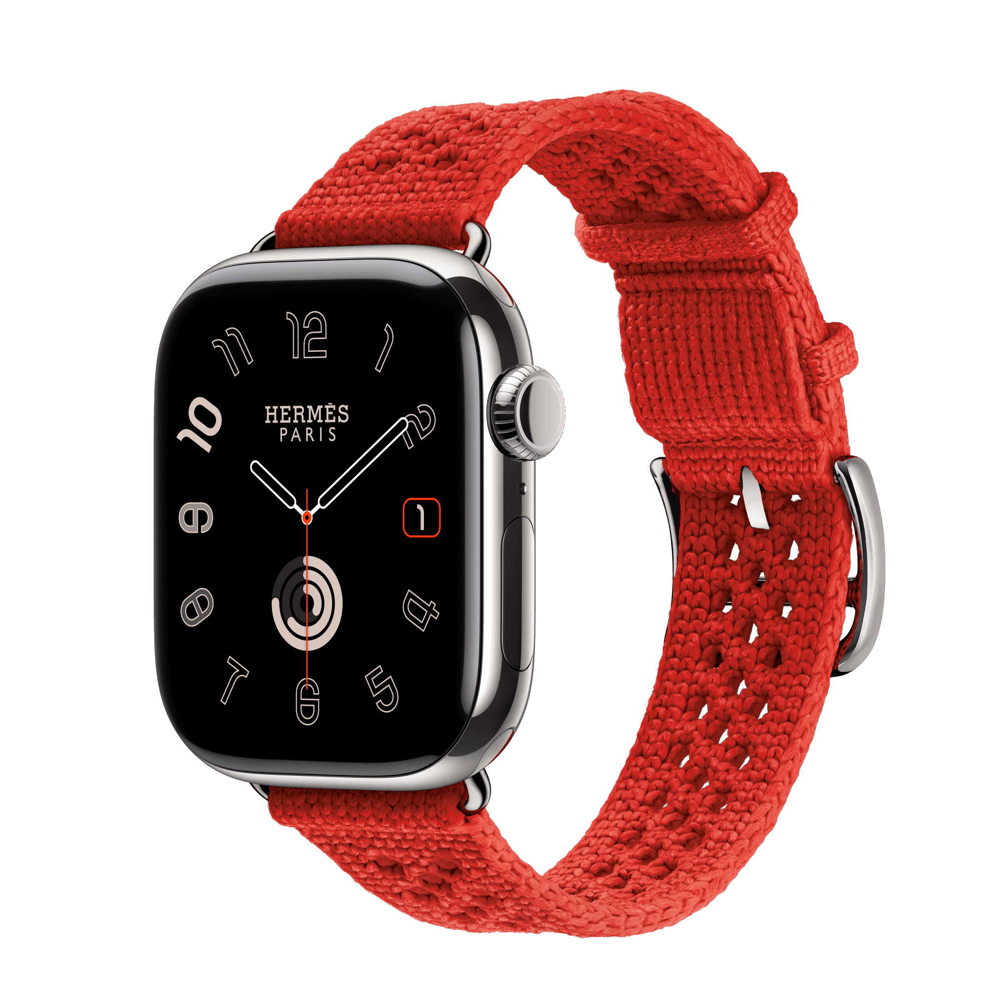 Умные часы Apple Watch Hermès Series 11 42 мм GPS + Cellular — цвет: серебристый, ремешок Hermès Néo Tricot, оранжевый (Capucine), единый размер