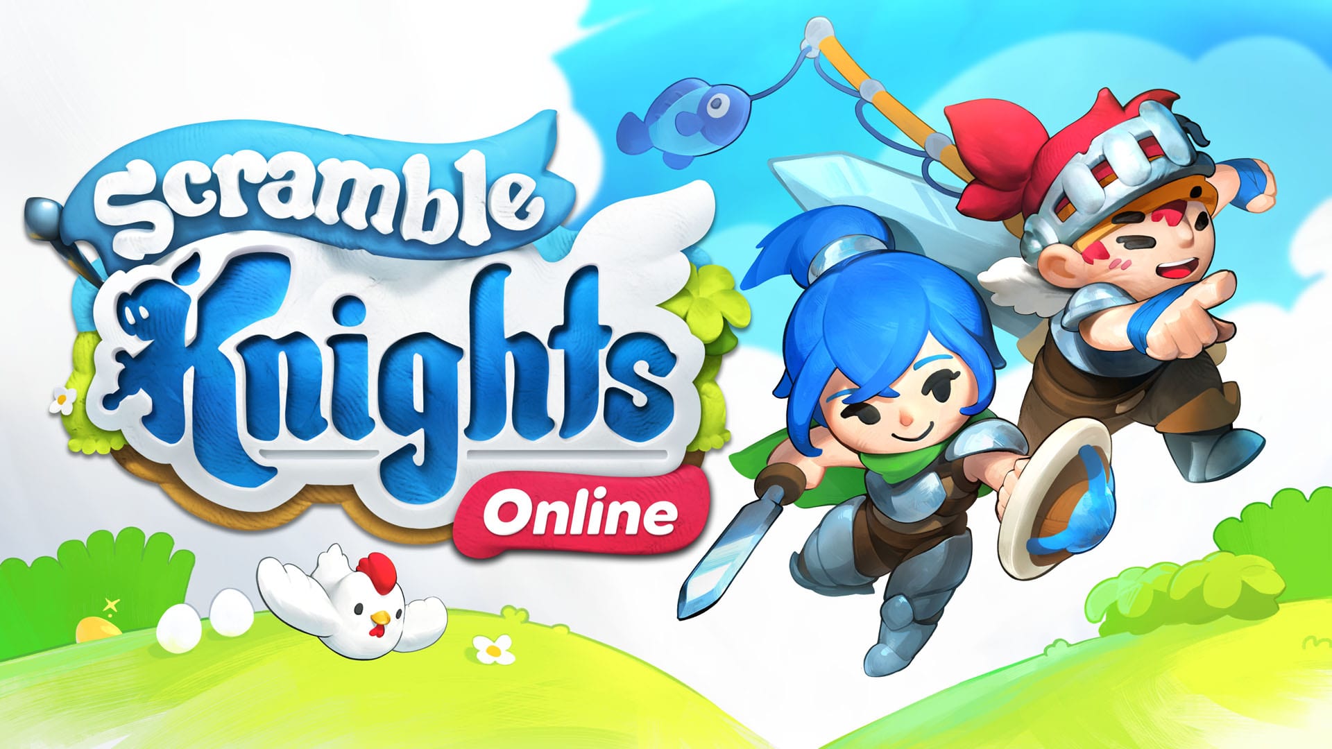 Два мультяшных рыцаря и курица рядом с логотипом Scramble Knights Online. Источник: Xbox Wire.