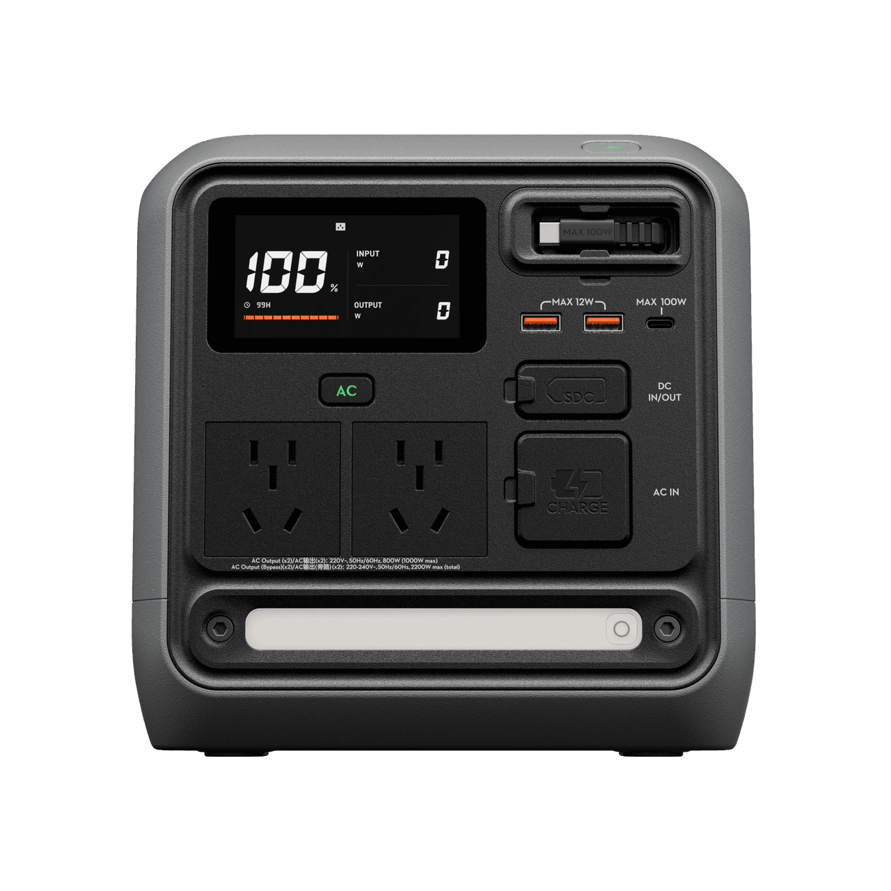DJI Power 1000 Mini спереди: дисплей, разъёмы и встроенный выдвижной USB-C кабель; иллюстрация из карточки товара