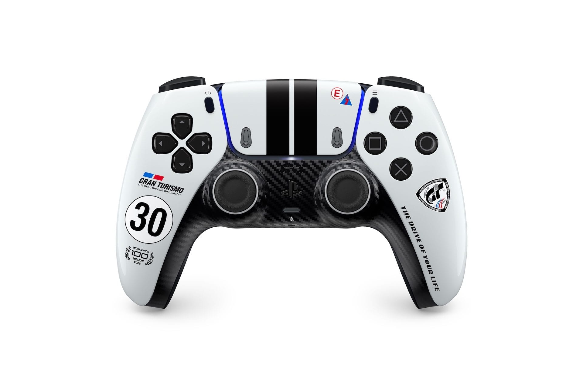 DualSense Gran Turismo Limited Edition: белый корпус с гоночными полосами и оформлением под карбон