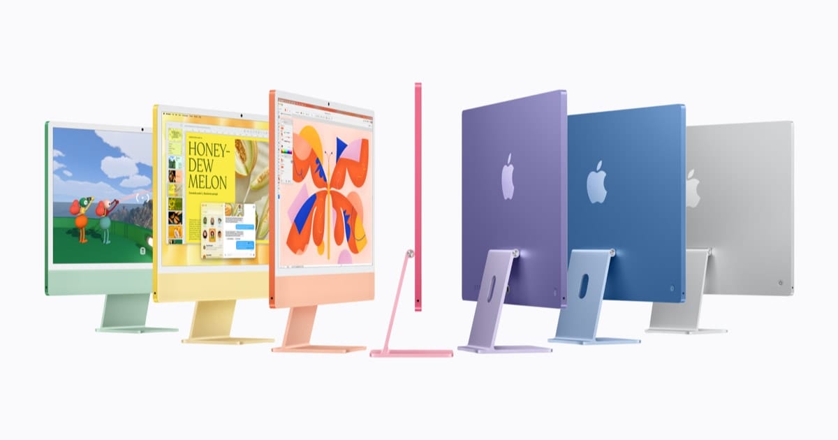 iMac с M6 в семи цветах, вид спереди и сзади. Официальное изображение Apple.