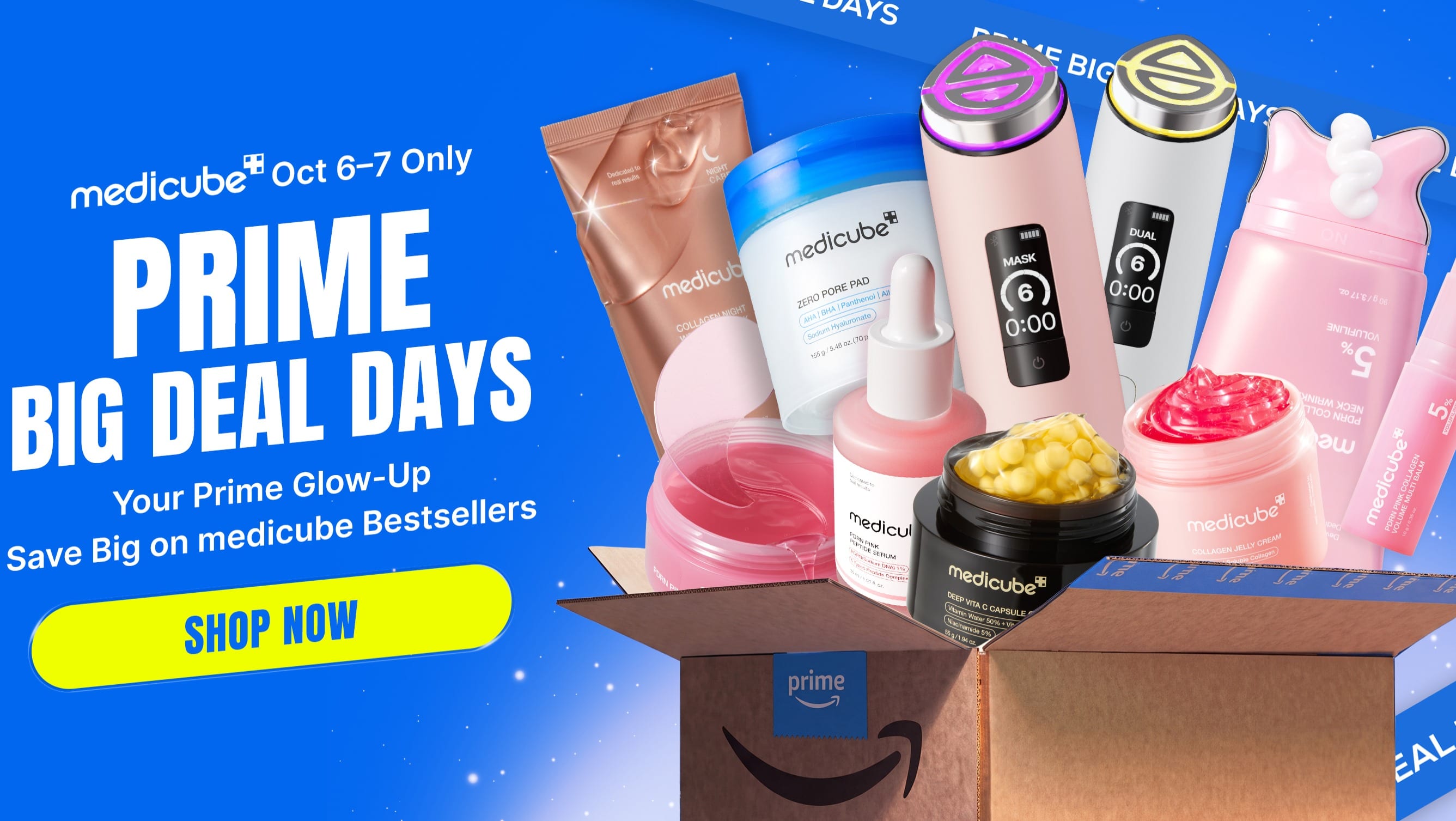 Косметика и приборы Medicube на официальном изображении завершившейся акции Amazon 6–7 октября 2026. Фото: APR / Medicube.