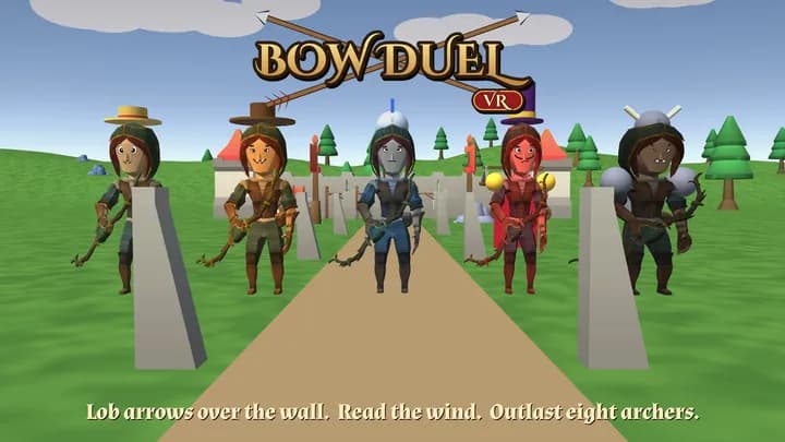 Официальная обложка Bow Duel VR: лучники на поле среди каменных стен.