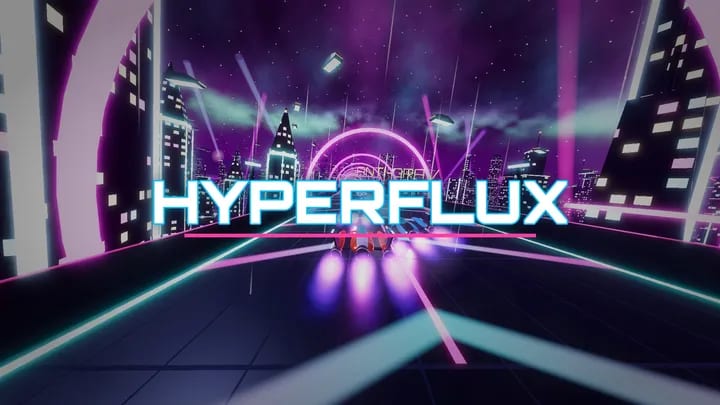 Официальная обложка Hyperflux: гоночный корабль на неоновой трассе.