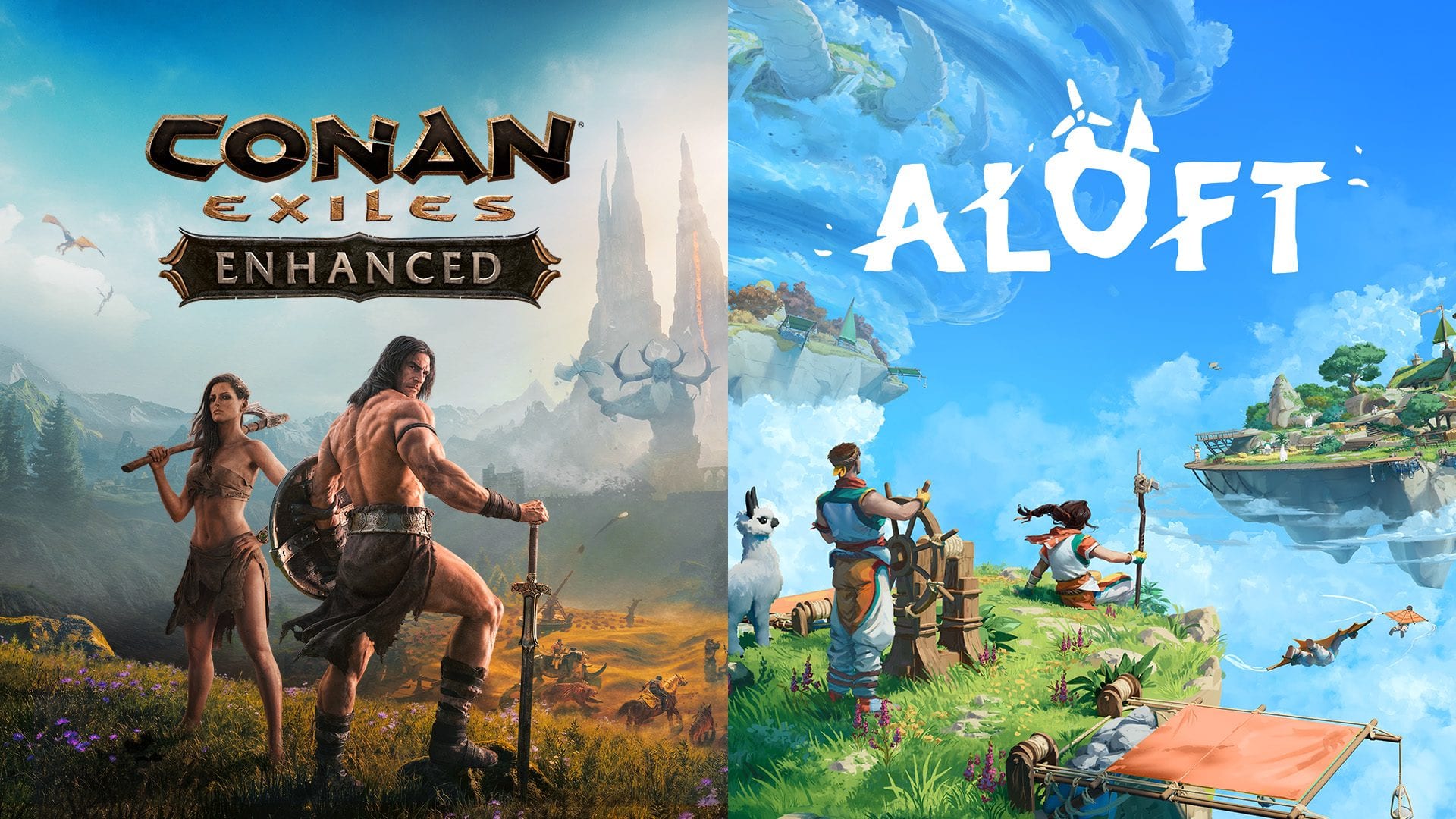 Обложка анонса Conan Exiles Enhanced и Aloft для PS5: герои Conan слева, летающие острова Aloft справа. Источник: PlayStation Blog.