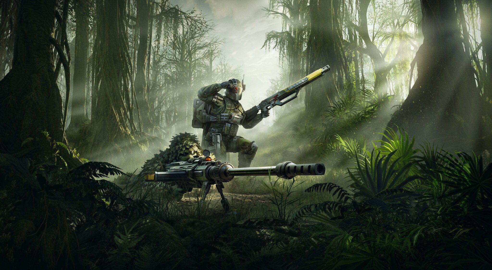 Два бойца Helldivers 2 со снайперским оружием в лесу. Официальный арт Arrowhead / PlayStation Blog.