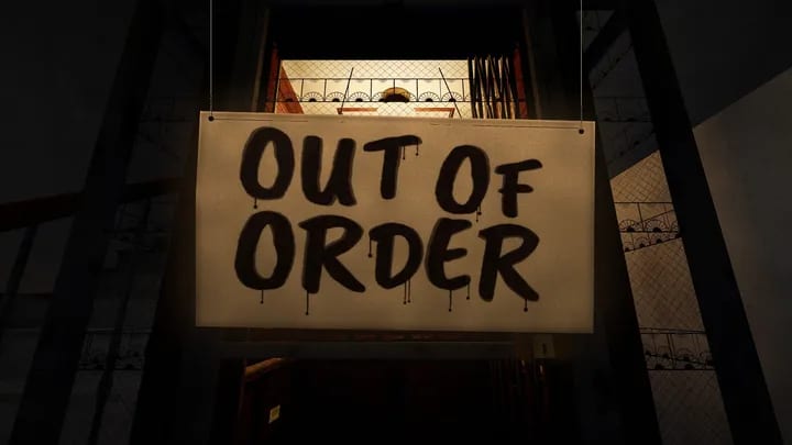 Out Of Order — официальная обложка с табличкой на старом лифте.
