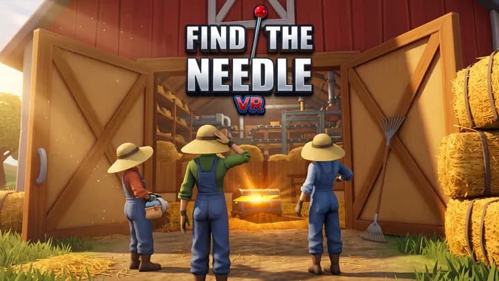 Официальная обложка Find the Needle VR: фермеры перед складом с сеном.
